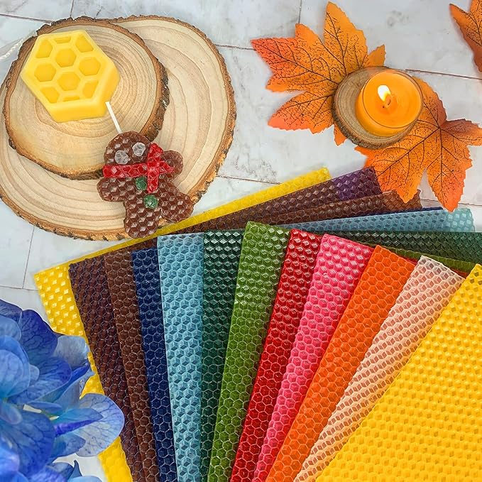 Lacaser Beeswax Sheets for Candle Making Kit, Pure Bees Wax Made Candle Sheets, Include Bee Ornaments, Lace, Cotton Wicks, Gift Tag & Hemp Rope, Size 8"x 8", 16pcs in Assorted Colors