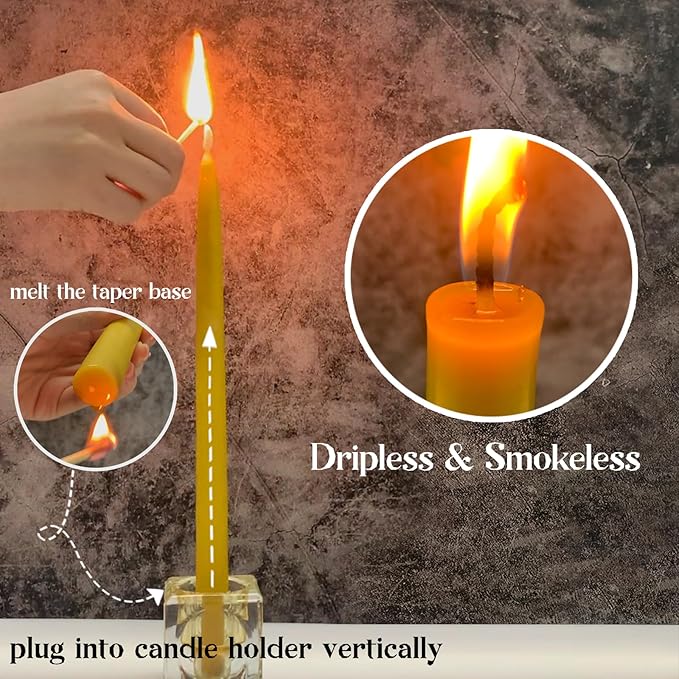 Pure Beeswax Taper Candle 12pcs, 8 Inches Long Candlesticks, Natural Bees Wax Candles for Home, Dripless Beeswax Candles, Subtle Honey Scent, 6 Hours Burn Time by Lacaser