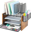 OPNICE Desk Organizer, 4-Tier Desktop File Organizer with Drawer and 2 Pen Holders, Office Desk Accessories, Workspace Organizers for Office Supplies(Brown Wood)