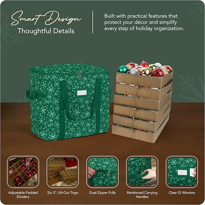 Covermates Keepsakes Adjustable Ornament Storage Bag – Heavy-Duty Polyester, Padded Dividers & FlexGrid Trays – Protective Holiday Ornament Organizer with Handles & Label Window, Green Snowflake
