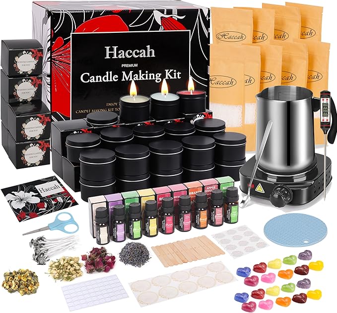 Haccah Complete Candle Making Kit with Wax Melter,Candle Making Supplies,DIY Arts&Crafts Kits Gift for Kids,Beginners,Adults,Including Soy Wax, Electronic Stove,Wicks,Rich Scents, Etc.