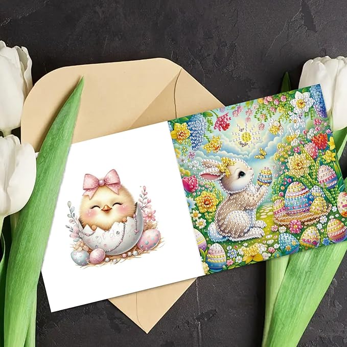 DoxQcs 5D Diamond Art Painting Greeting Cards Kit, DIY Cards for Blessings Congratulations Gifts, Greeting Card Set for Birthday Thanksgiving Day Christmas Halloween-Easter Rabbit