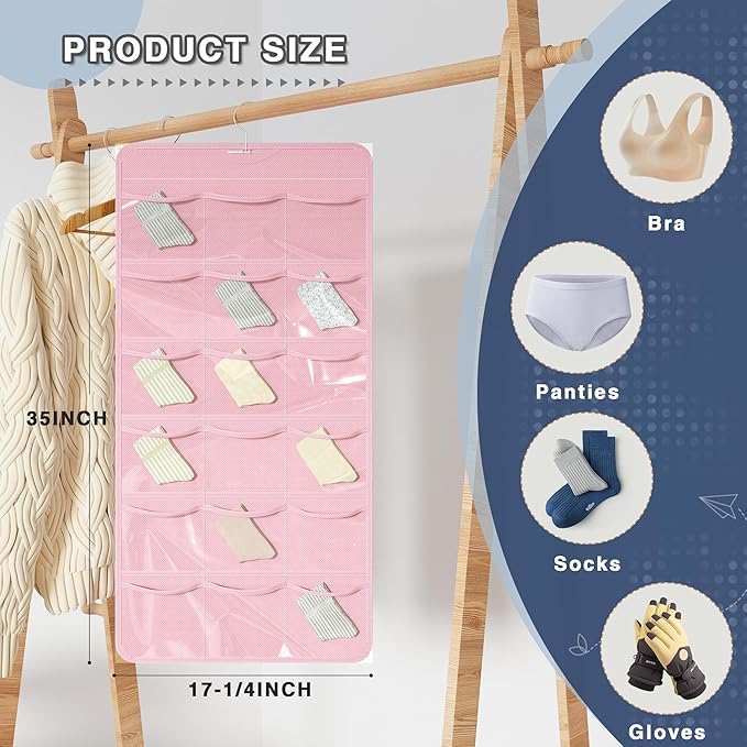 Hanging Closet Underwear Organizer, 28-Pockets Dual-Sided Storage for Socks, Bras, and Leggings Lingerie and Kids’ Clothing, Pink