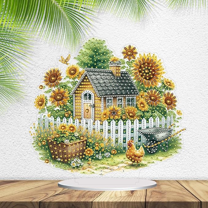 ARTopet DIY Diamond Desktop Ornament PET Irregular Shape Special Shaped Crystal Double Sided Pattern Single Sided Diamond Art Painting Tabletop Home Ornaments Decor (Sunflower House)