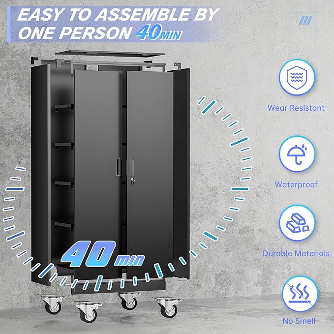 Superday 73" Metal Storage Cabinet with Wheels, Lockable Steel Utility Cabinet with 2 Doors and 4 Adjustable Shelves, Rolling Storage Cabinets for Garage, Home Office, Kitchen Pantry, Black