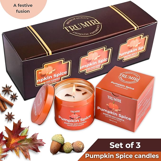 Pumpkin Spice - Cinnamon Soy Candles for Home Scented - for Fall Halloween Thanksgiving Holidays - Pack of 3 x 5oz Natural Clean Non Toxic Long Lasting Highly Scented Candels with Essential Oils