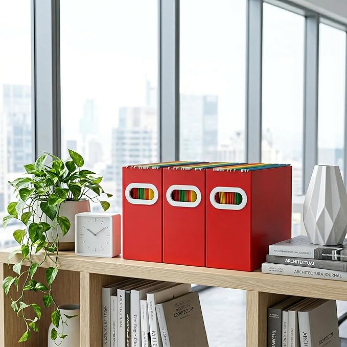Hanging File Organizer Box, 3 Pack Red Cardboard File Folder Holder for Letter Size, Portable Desk Document Storage with Handles, for Office,Home,School