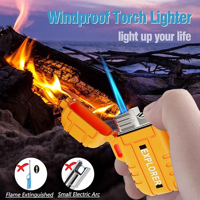 Torch 2 Pack Windproof Outdoor Gas Lighter - Adjustable Jet Flame, Fireplace, Fireworks, Grill, Camping, BBQ - Black+Orange (Without Butane)