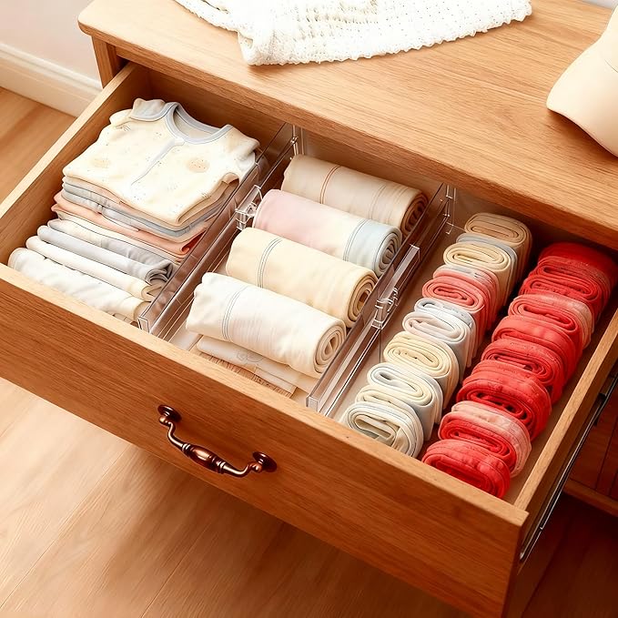 6 Pack Adjustable Drawer Dividers - 4" High Clear Expandable Dresser Organizers 10"-17" Length, Transparent Drawer Separators for Clothes, Underwear, Cosmetics & Kitchen Utensils Storage