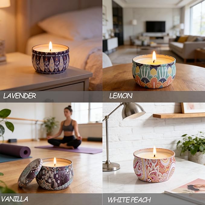 Aromatherapy Candle Gift Set 4 Pack Soy Wax Candles, Lavender, Lemon, Vanilla & White Peach Long-Lasting Clean Burn for Relaxation, Home Decor & Travel, Mother's Day