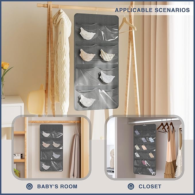 Hanging Closet Underwear Organizer, 28-Pockets Dual-Sided Storage for Socks, Bras, and Leggings Lingerie and Kids’ Clothing, Dark Gray