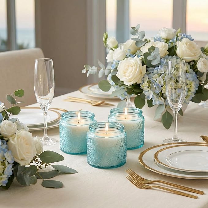 9-Pack 10 oz Sun Moon Star Embossed Glass Candle Jars with Mirror Lids and Labels - Unique Blue Containers with Lids for Candle Making