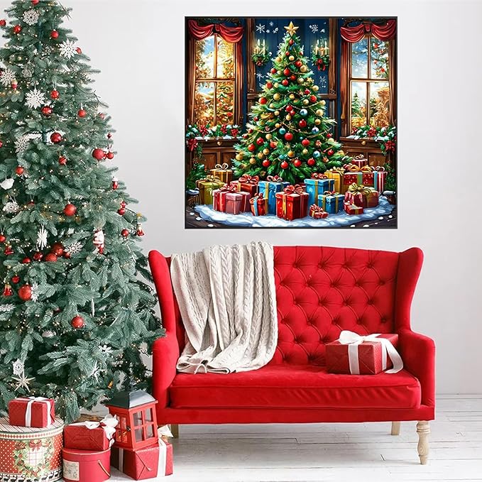 Accompany Wind Christmas Diamond Art Kits for Adults, Christmas Tree Diamond Painting Kits, 5D Round Full Drill Winter Diamond Art Crafts for Home Wall Decor Gifts 14x14 Inch