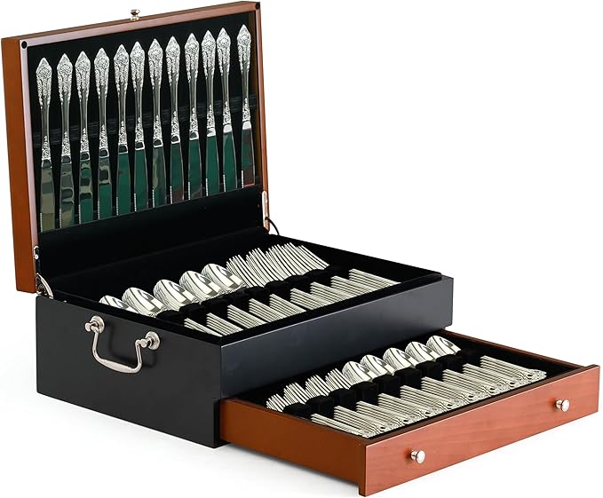 boldworks Silverware Storage Box Silverware Chest Case for Silver Flatware with Lid Tarnish Proof Felt Lined Partition and Drawer Holds Service for 14 Includes Polishing Cloth