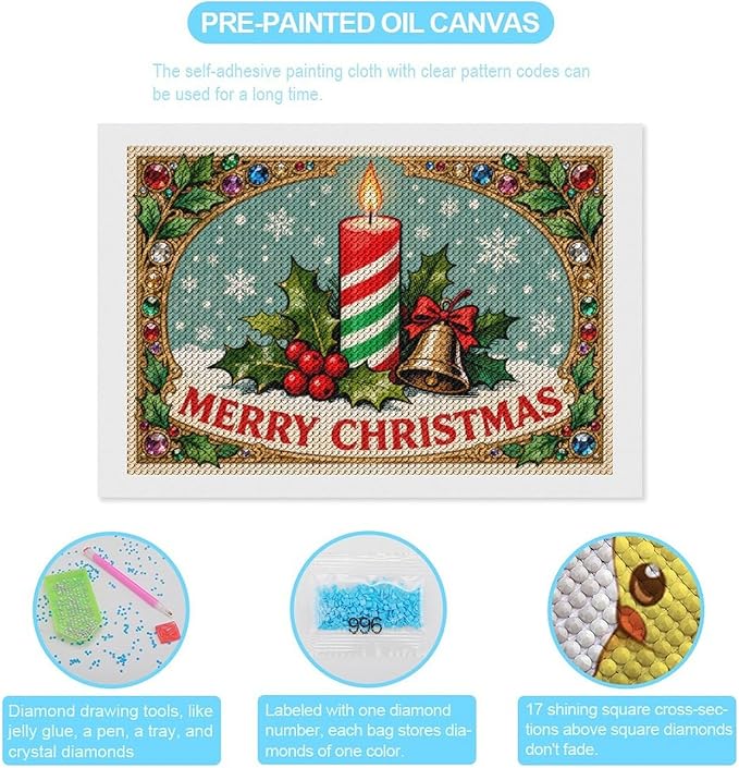 AIVKIEJK Diamond Painting Kits for Adults - Merry Christmas Candle & Holly Accents Painting DIY 5D Full Drill Diamond Dots Paintings with Diamonds Gem Art and Crafts Home Decor 8"x12"