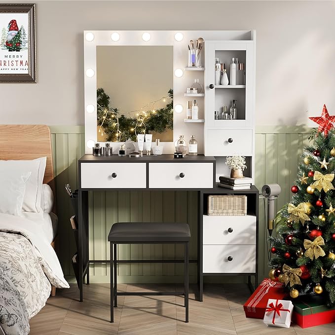 YIKEHOME Makeup Vanity Desk with Mirror and 10 Lights, 3-Colour Hollywood Brighter Bulbs, Vanity Table Set with Large Drawers and and Charging Station for Bedroom Dressing Room White Black