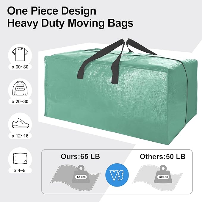 VELVETSURE 6 Pack Heavy Duty Large Moving Bags W/Backpack Straps - Strong Handles & Zippers, Storage Totes For Space Saving, Fold Flat, Alternative to Moving Box and Storage Bin, Teal