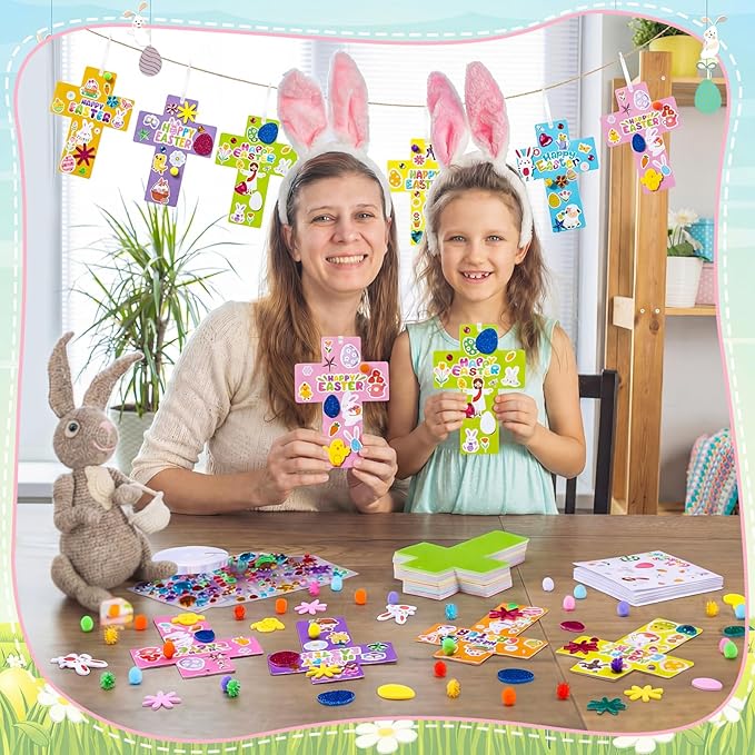 Funrous 48 Sets Easter Religious Crafts Bulk Cross Paper Crafts DIY Easter Eggs Bunny Jesus Christian Hanging Ornaments Arts with Stickers Pompoms for Sunday School VBS Classroom Spring Activities