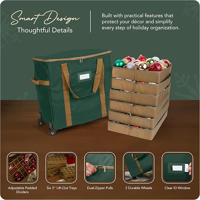 Covermates Keepsakes Rolling Adjustable Ornament Storage Bag – Heavy-Duty Polyester, FlexGrid Trays & Padded Dividers – Protective Holiday Organizer with Wheels, Handles & ID Window, Green