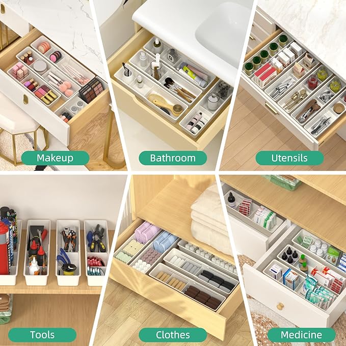 Desk Drawer Organizer Tray, 4 Pack Expandable Drawer Organizer with Dividers Adjustable, Bathroom Organizer Bins for Junk, Office, Makeup, Kitchen Utensil