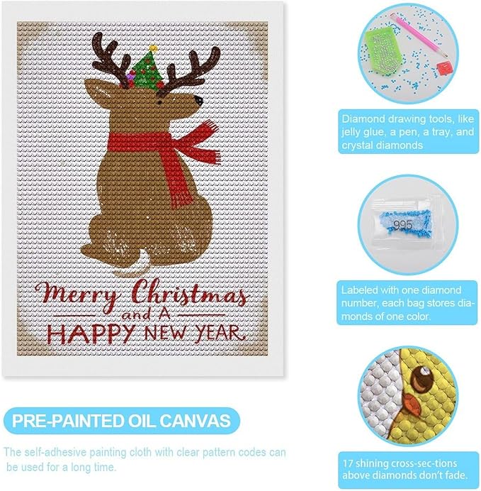 Diamond Painting Kits for Adults - Merry Christmas And Happy New Year Red Antlers & Scarf Painting DIY 5D Full Drill Diamond Dots Paintings with Diamonds Gem Art And Crafts Home Decor 12"x16"