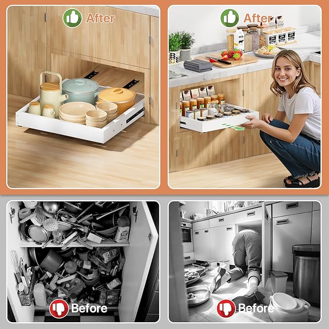 2 Pack Pull out Cabinet Organizer, Width (10"-16") Depth (17"-25"), with 3 Rails Adjustable Slide, Expandable Pullout Drawers for Cabinets, No Drill Adhesive Kitchen Drawers for Pantry Shelves