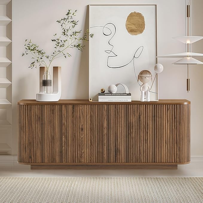 64" Buffet Sideboard Cabinet with Storage, Modern Fluted Accent Credenza with Adjustable Shelves, Wood Coffee Bar Console Table for Living Room Kitchen Dining Room Hallway, 24" H, Walnut