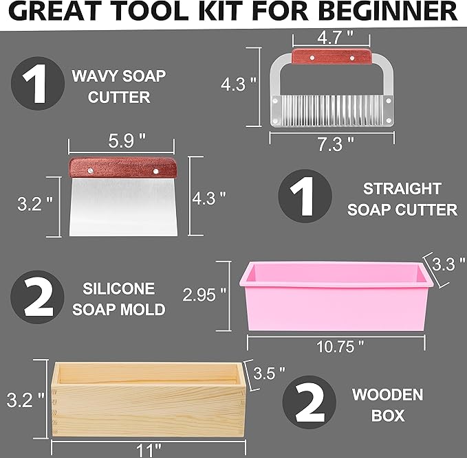 Lerykin 2 pcs Rectangular Soap Molds Kit with Cutters - 42oz Flexible Silicone Loaf Soap Mold with Wooden Box, Stainless Steel Wavy & Straight Scraper for Homemade Craft Soap Making Supplies