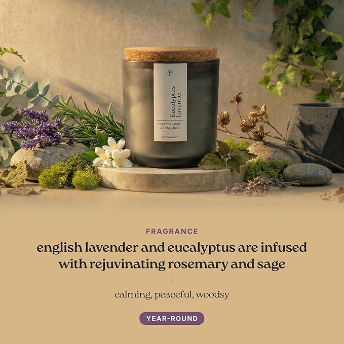 Aspen & Oak Luxury Beeswax Candle, 16oz | Long Burning Pure Beeswax Candles, Non Toxic, Natural, Clean, Essential Oil Scented Organic Candles, Home Decor & Gifts (Eucalyptus Lavender)