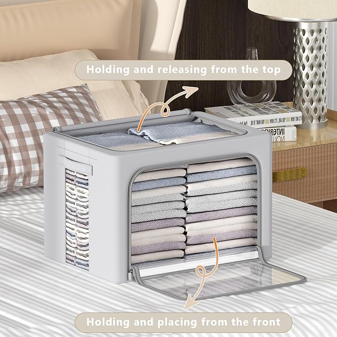 CYhom 3Pack Frame Storage Box - Clothes Storage Bin Bags Oxford Fabric Foldable Stackable Container Organizer Set with Clear Window & Carry Handles (Grey, Extra Large-100L)