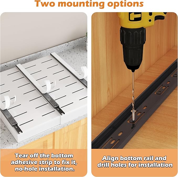 COVAODQ 1 Pack Pull Out Cabinet Organizer Extendable Sliding Slide Out Pantry Shelves Storage No Punch for Kitchen Base Cabinet Organization, Pantry, Bathroom Adjustable Width 12.4" to 20.4"