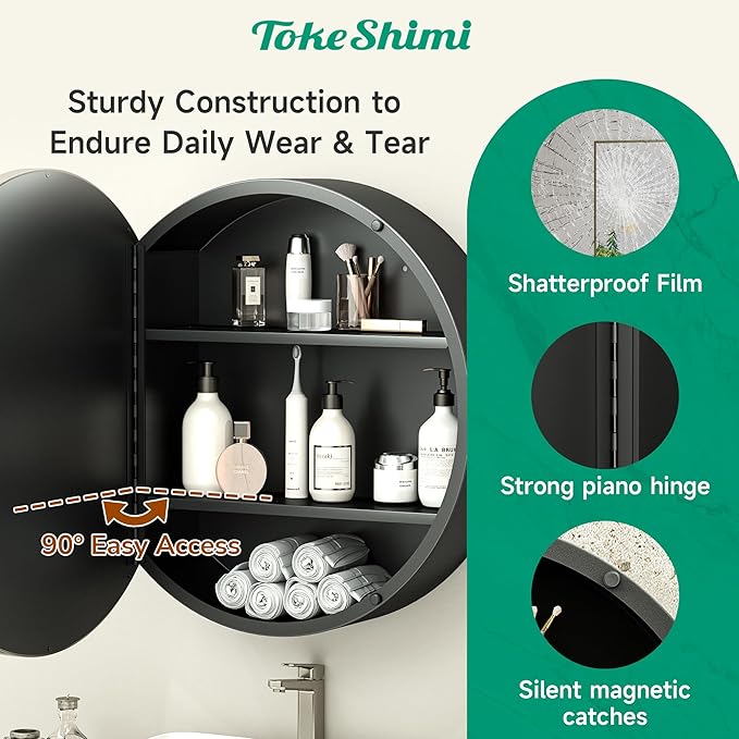 TokeShimi 24 x 24 Round Medicine Cabinet for Bathroom, Brushed Nickel Circle Medicine Cabinet Mirror Shatterproof with Stainless Steel Metal Frame, Detachable Shelves, Wall Mounted Only