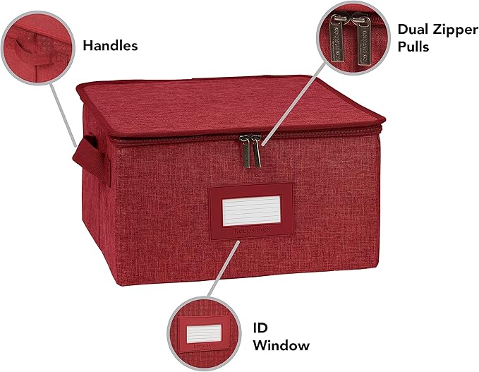 Covermates Dish Storage Box – China & Dinner Plate Storage Container with Dual Zippers, Reinforced Handles, ID Window & Stackable Structured Walls for Dishware Organization, Red Heather