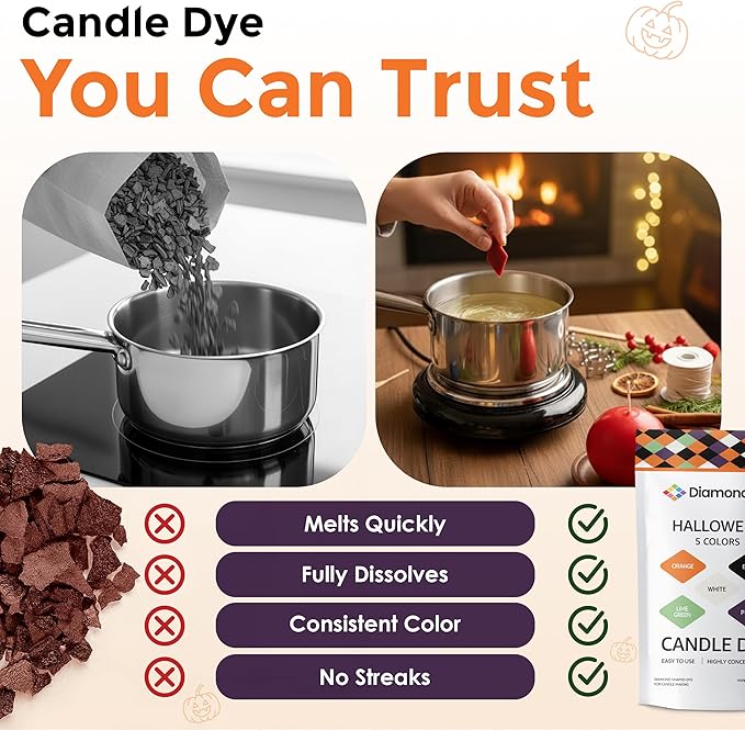 Candle Dye - Made in The USA - 5 Halloween Colors (Orange, Black, White, Purple, Lime Green) for Paraffin or Soy Wax - Highly Concentrated - Great for Professionals or Hobbyist - 50 Dye Chips