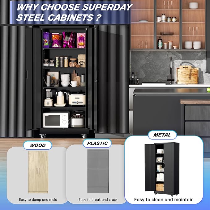 Superday 73" Metal Storage Cabinet with Wheels, Lockable Steel Utility Cabinet with 2 Doors and 4 Adjustable Shelves, Rolling Storage Cabinets for Garage, Home Office, Kitchen Pantry, Black