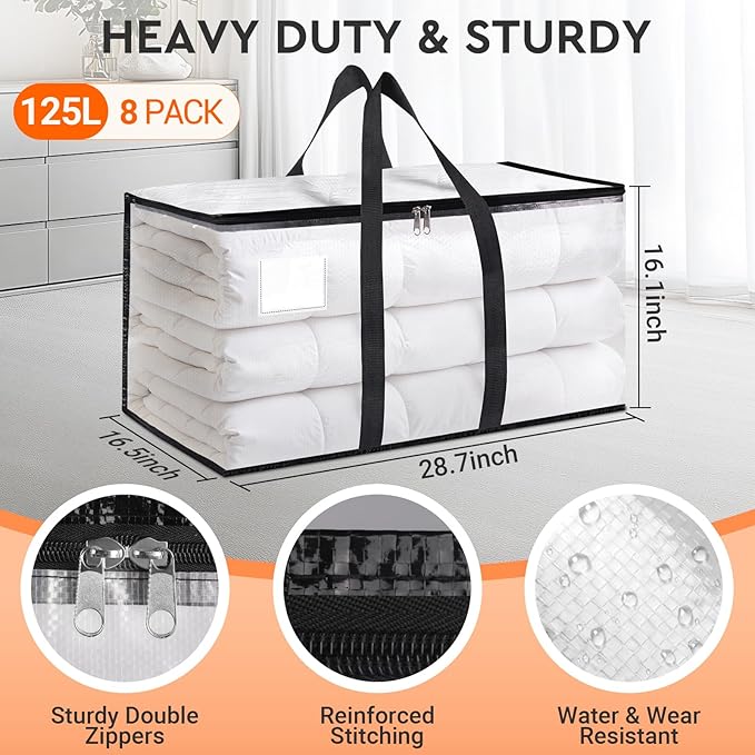 HomeHacks Clear Moving Bags Heavy Duty 8 Pack, Storage Bags with Zipper, Extra Thick Handles & Waterproof Packing Boxes for Moving, Camping, Home Organization 125L/33Gal (28.7"x16.5"x16.1")