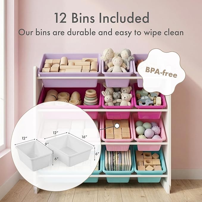 Humble Crew Kids Toy Storage Organizer with 12 Plastic Bins, White/Pink/Purple/Turquoise – Removable Bins for Playroom, Bedroom, Toddler Furniture for Boys and Girls Ages