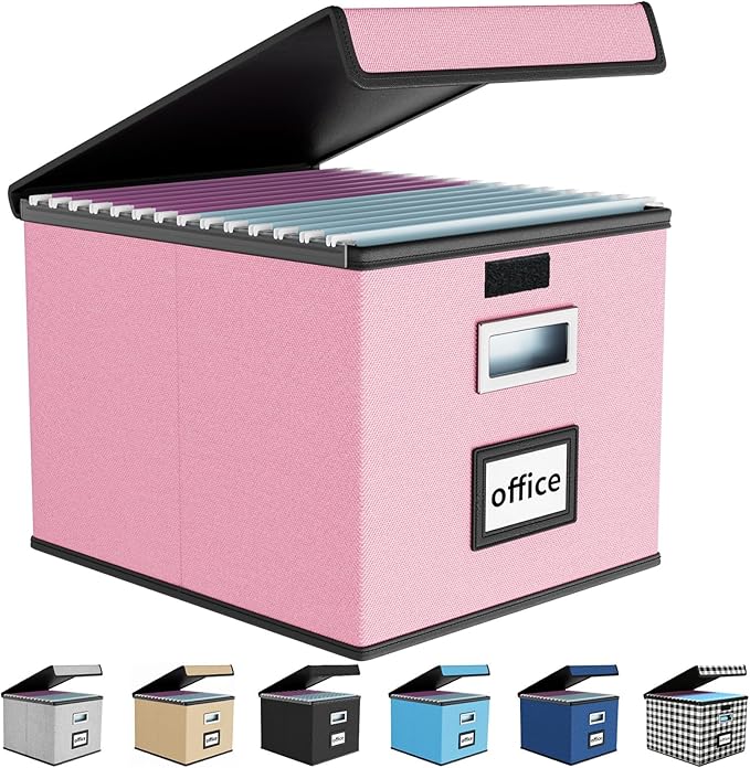 Huolewa File Organizer Box with Lid, Collapsible File Folder Organizer for Office Document Storage, Filing Box with Plastic Slide for Letter Size Hanging File Folders(1 Pack, Pink)