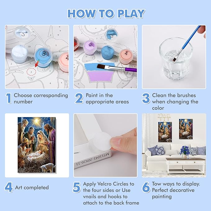 Bowetile Nativity Scene Paint by Numbers for Adults Beginners Framed, Adults' Paint-by-Number Christmas Kits on Canvas, Acrylic Number Painting Gifts for Home Wall Decor, 8x12in