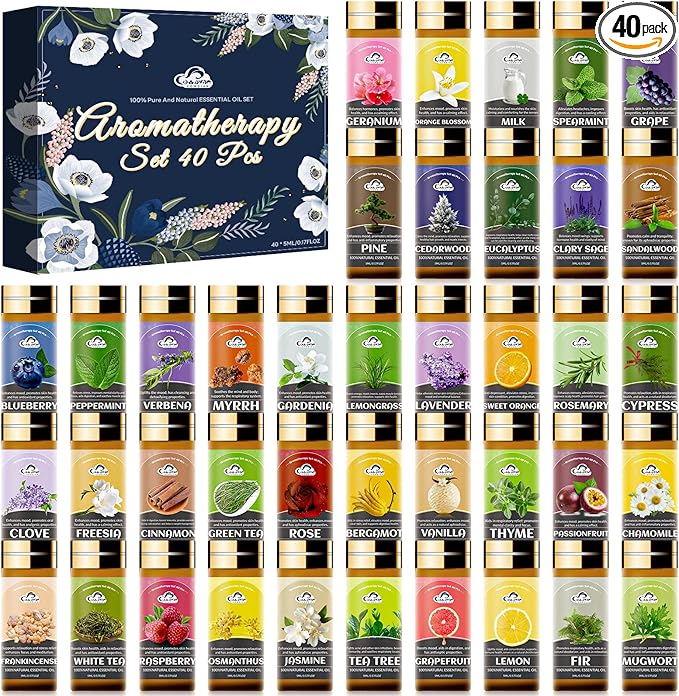 Essential Oil Set, 40 Pcs Fragrance Aromatherapy Oils for Skin, Diffusers, Home Care, Humidifier, Laundry, Candle Making - Tea Tree, Sandalwood, Lavender, Vanilla, Eucalyptus and More(5mL)