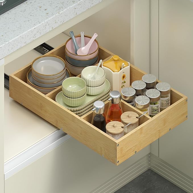 Bamboo Pull Out Cabinet Organizer, 14" W x 21" D No Drill Adhesive Slide Out Drawers, Pull Out Shelves for Kitchen Pantry Bathroom Storage