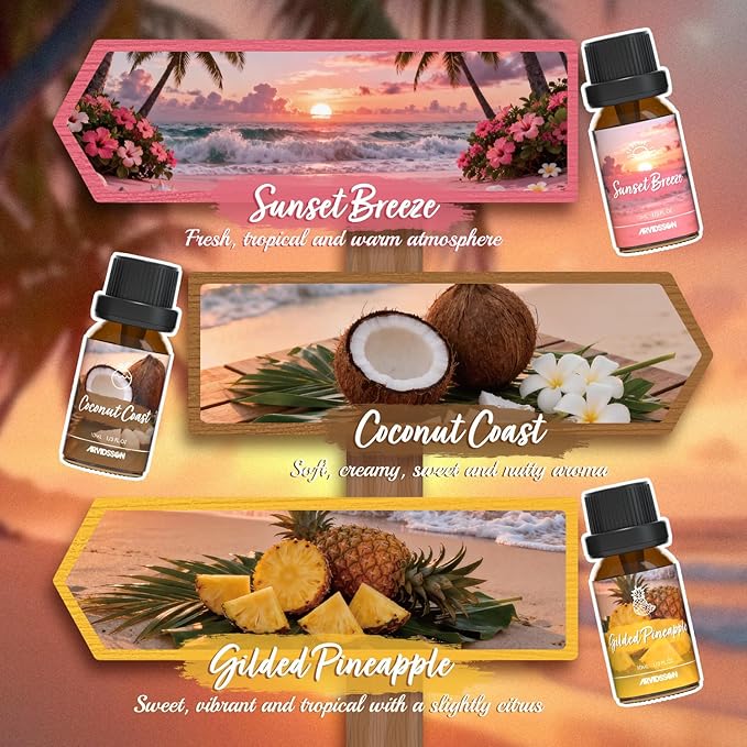 ARVIDSSON Hawaii Fragrance Oil Set, Summer Essential Oils for Diffuser, Tropical Scent Oils - Sunset Breeze, Coconut Coast, Gild Pineapple, Tropical Citrus, Iced Watermelon, Tanderine Mojito,