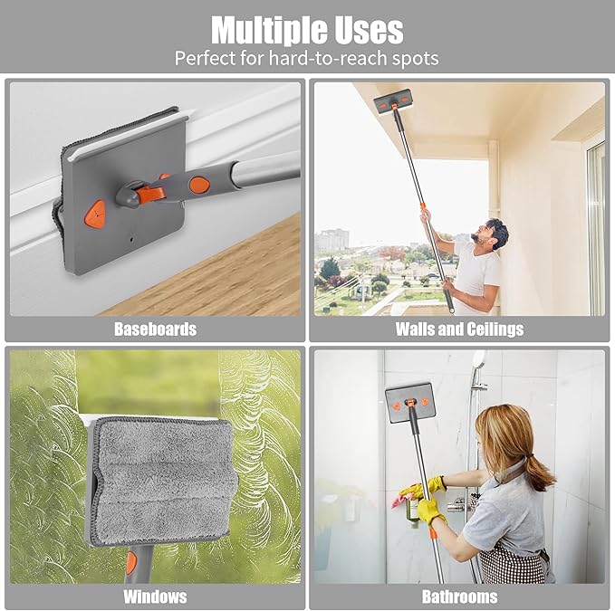 85” Baseboard Cleaner Tool with Handle and Hooks, 180° Rotating Wall Cleaner with Convex Design, Wall Mop with 6 Reusable Pads to Clean Wall, Window, Floor and Ceiling with Extension Poles