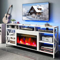 TC-HOMENY 60" TV Stand with 27.5" Electric Fireplace, TV Console with Power Strip for TVs Up to 70", Entertainment Center Storage Cabinet and LED Strip Lights with Remote Control Living Room White
