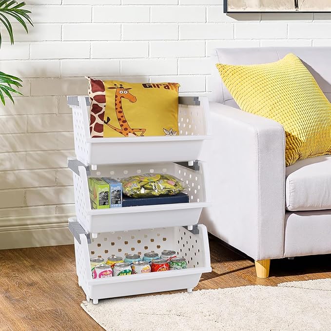 Set of 4 Plastic Stackable Storage Baskets, Stackable Organizer Bins for Kitchen, Pantry and Bathroom, White