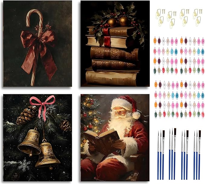 Paint by Number Kit for Adults & Kids, 4 Pack Vintage Christmas Scenes (Candy Cane, Santa Reading, Book Stack, Golden Bells) 12x16InchUnframed, DIY Acrylic Painting Kit with Brushes & Paints