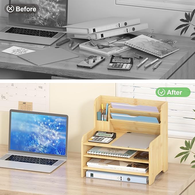Desk File Organizer - 6-Tier Desktop Mail Letter Tray Paper Document Organizer with Pen Holder for Home Office Supplies, Office Desk Accessories & Workspace (Nature)