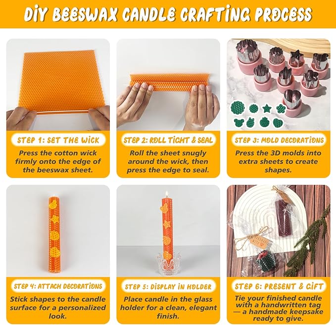 Beeswax Candle Making Kit for Adults & beginners 100% Pure Beeswax Candle Making Supplies with 20 Colorful Sheets, 8 Press-Out Molds, Glass Candle Holders & Complete Gift Supplies | Creative DIY Craft