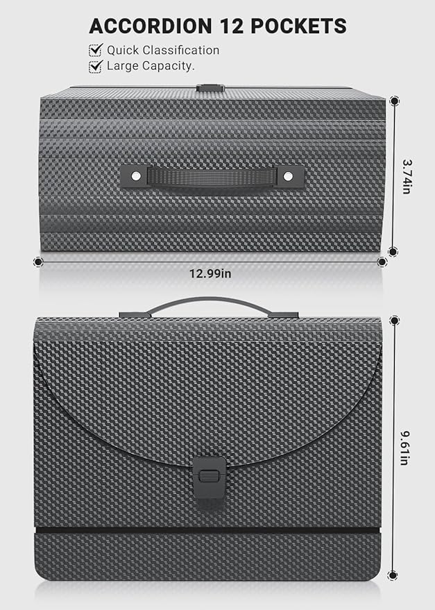 Expanding File Folder/Accordion File Organizer/Portable File Box with 13 Pockets,Fun Storage Filing Folders with Handle,Perfect for Standing and Carrying,A4/Letter Size,Colored Tabs,Black Diamond