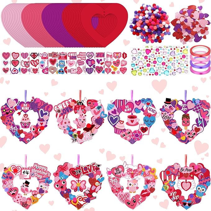 Hollowfly 48 Sets Valentine‘s Day Wreath Craft Kits DIY Wreath Hanging Ornaments Make Your Own Paper Craft with Stickers for Home Party Favors Activities
